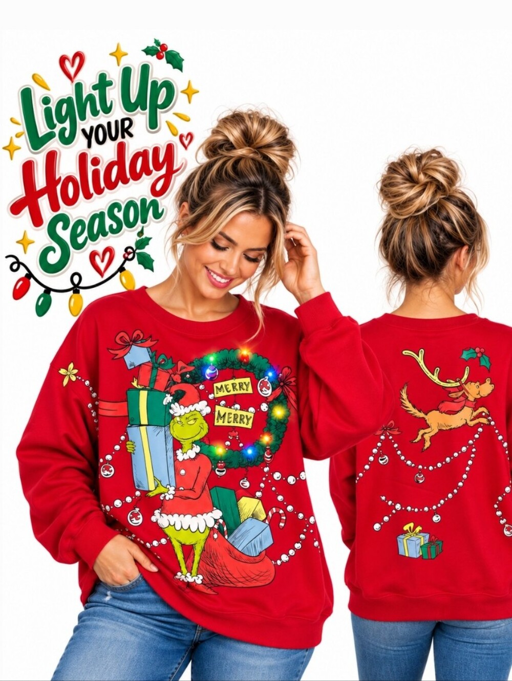 The Grinch Light Up Christmas Sweatshirt Red Large Merry Grinch Holiday